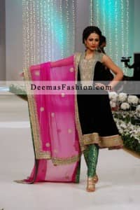 Black Shirt Shocking Pink Dupatta Green Trouser - Formal Wear Dress