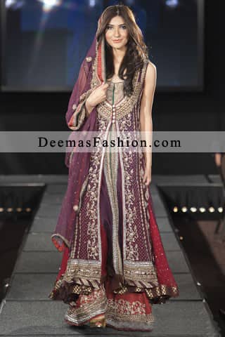 Casual Wedding Dress on Latest Pakistani Bridal Collection 2011 Red Dark Purple Front Open