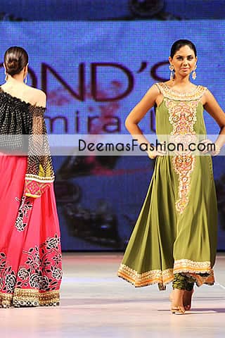 Mehndi Green Aline Party Wear Pishwas Dress