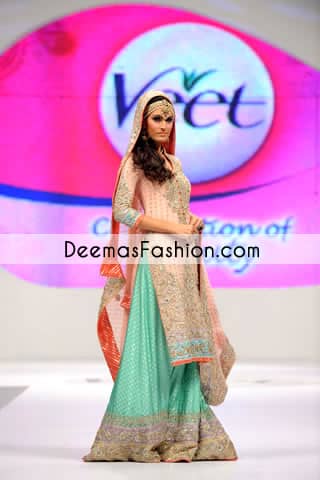 Peach Ferozi Green Designer Wear Bridal Sharara