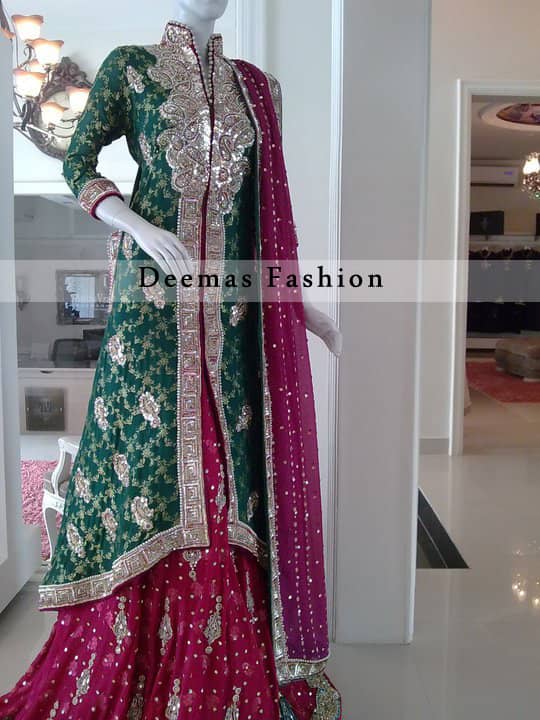 Bottle Green Shocking Pink Front Open Back Tail Shirt Sharara